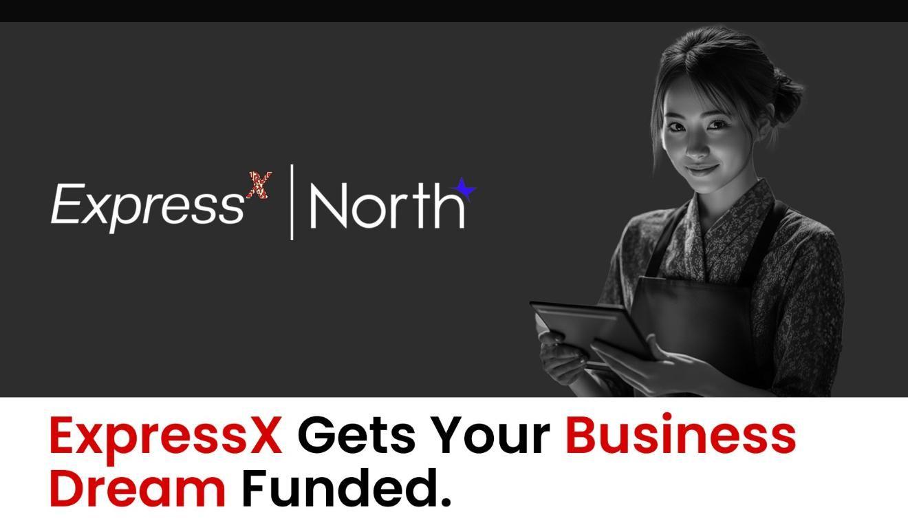 ExpressX North logo with woman holding tablet, tagline about funding business dreams.