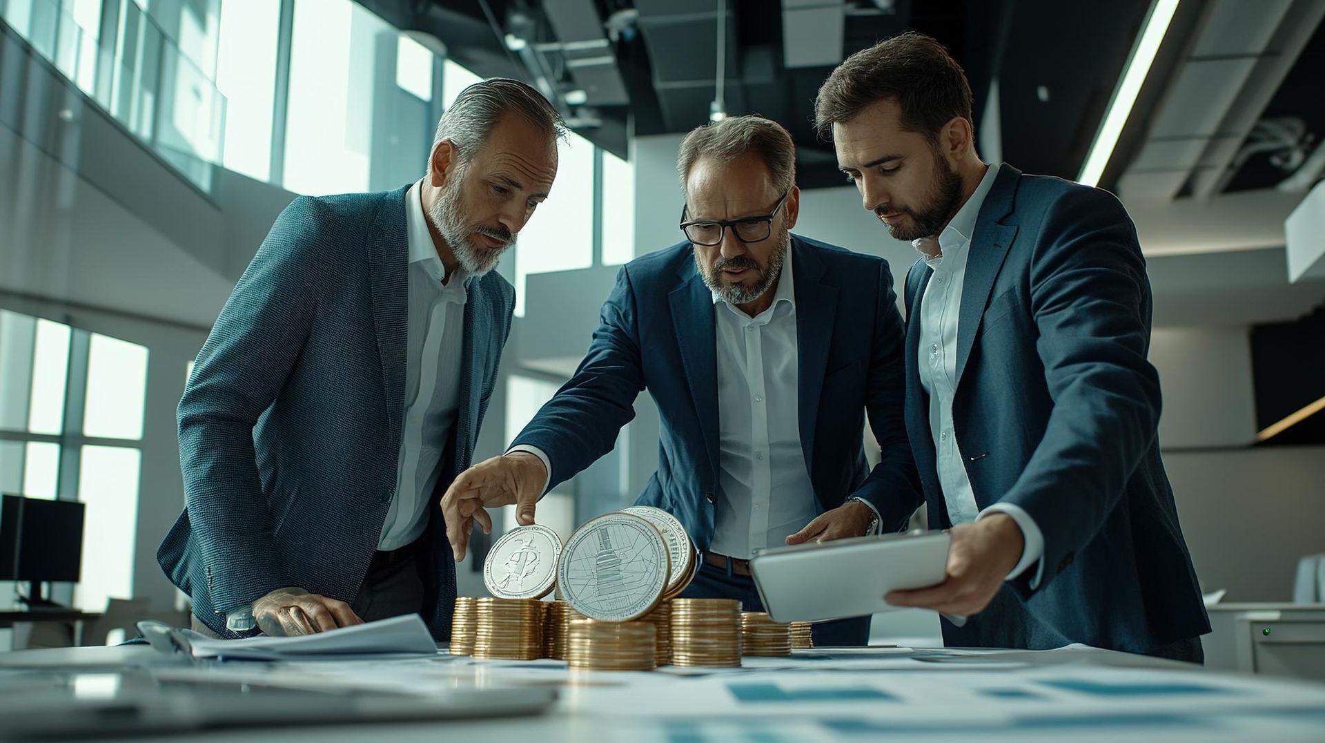 Three businessmen in formal attire examining stacked cryptocurrency coins on a table in a modern office environment.