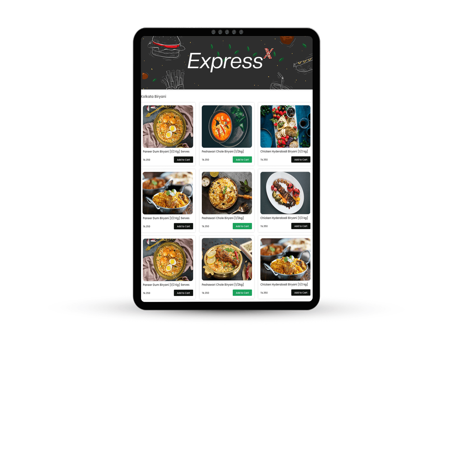 Tablet screen displaying a food delivery app with various biryani options and prices.