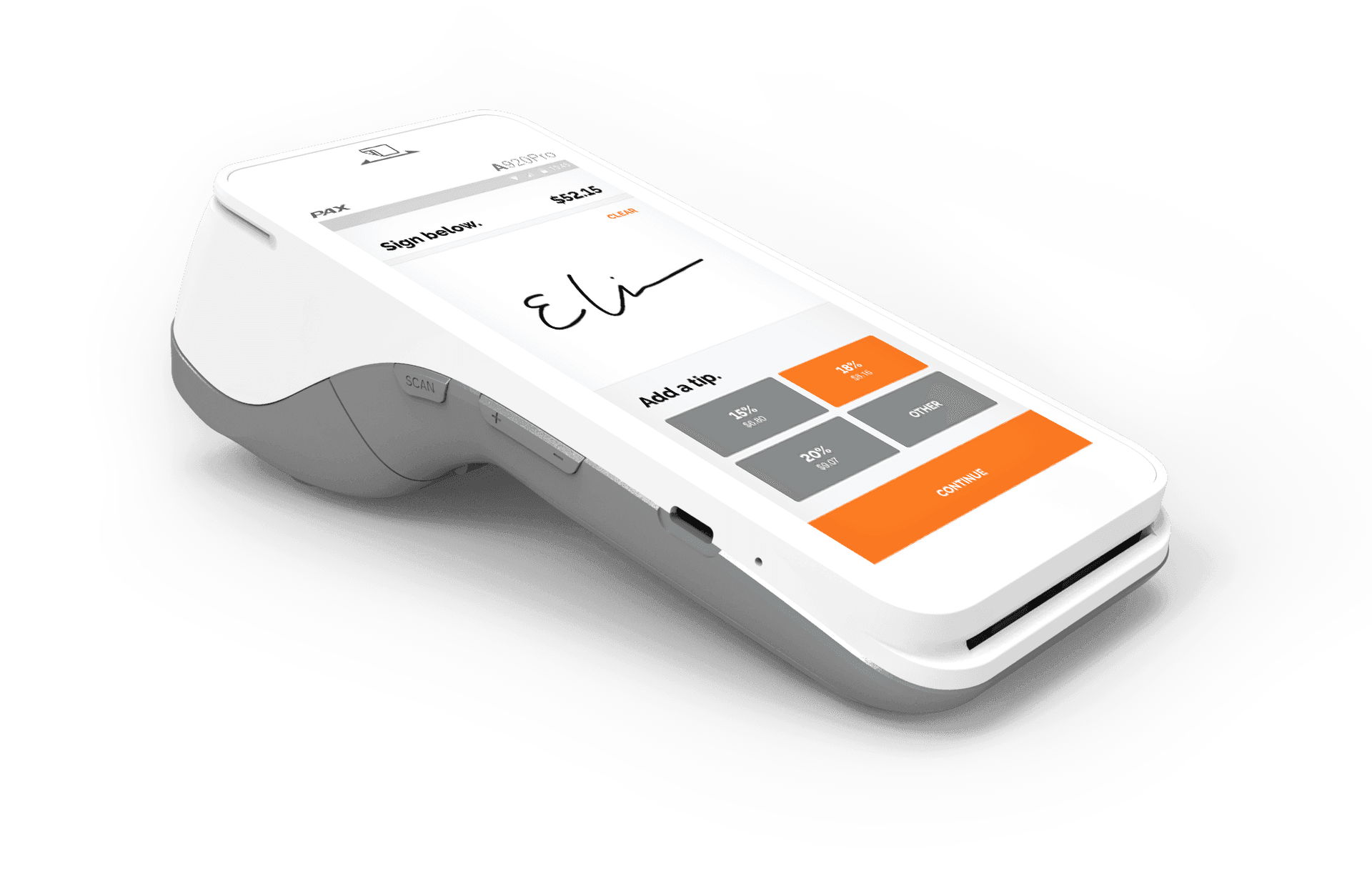 White handheld payment terminal with screen displaying digital signature and tip options.