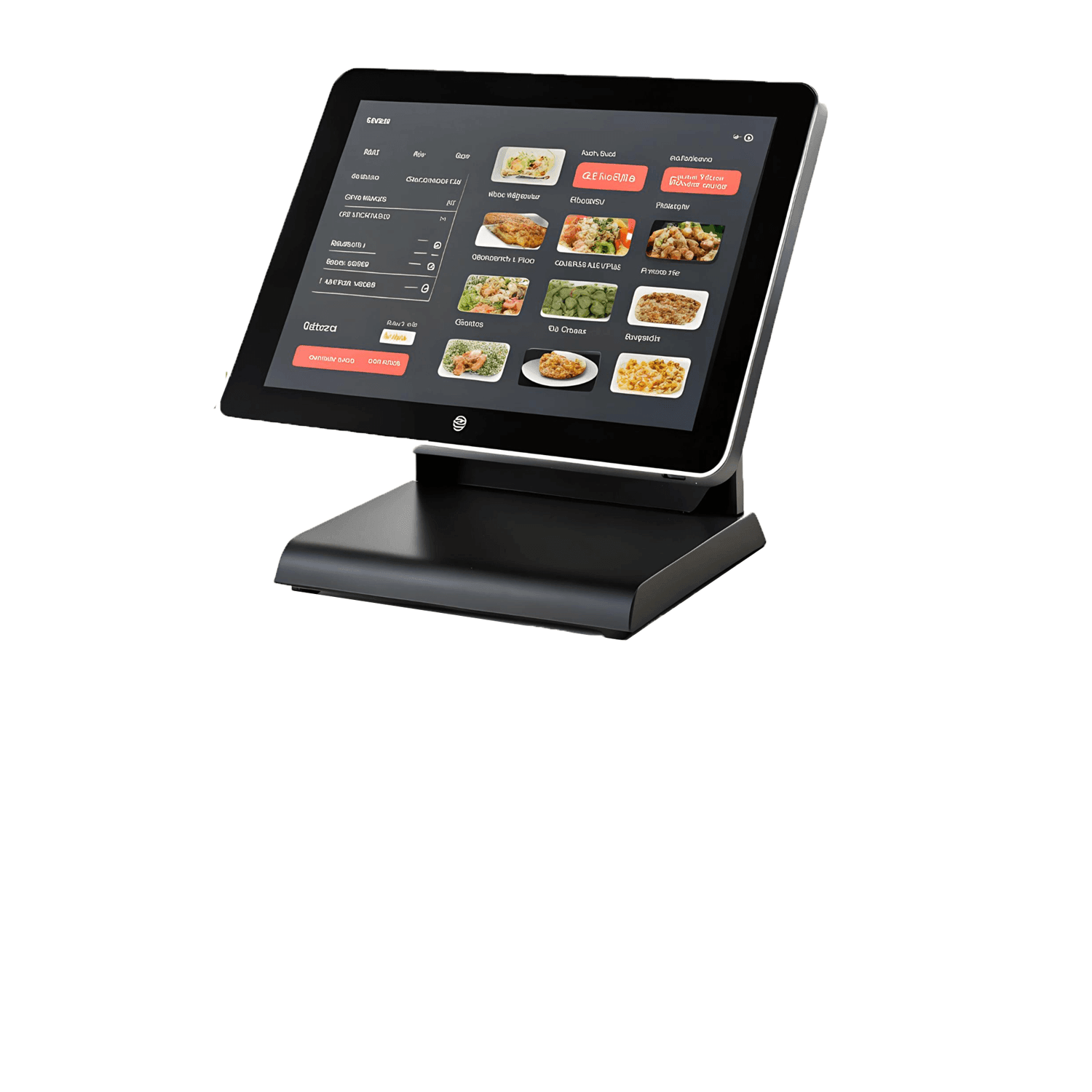Touchscreen restaurant menu on a black stand displaying various dishes and options.