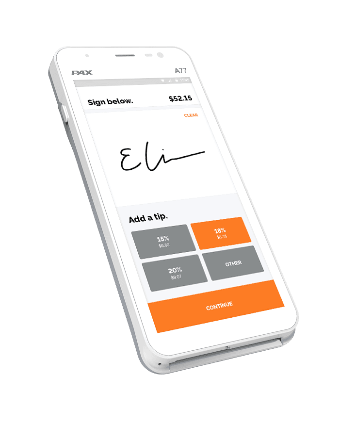 White mobile payment device showing a signature screen with tip options and a continue button.