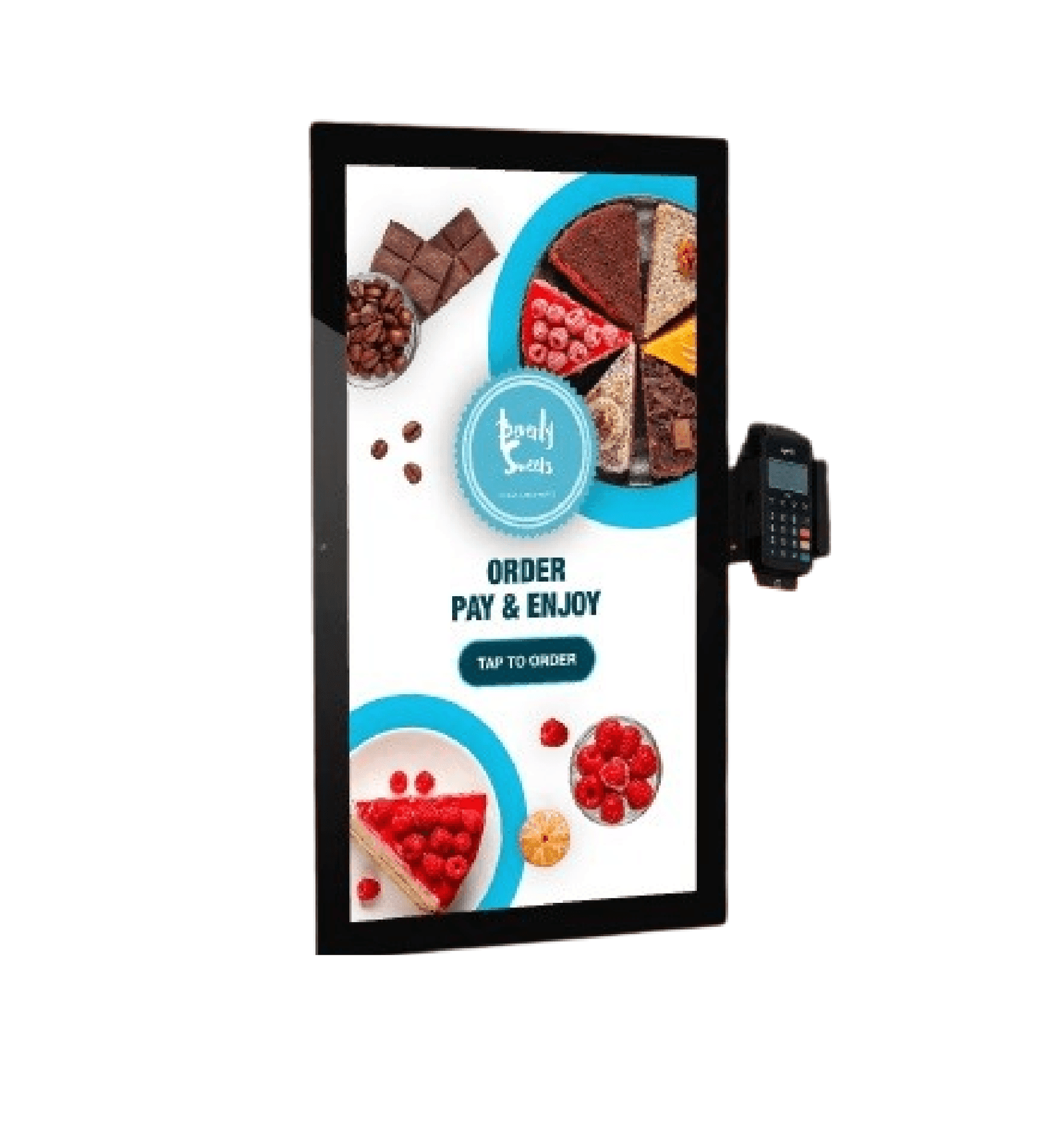 Digital kiosk screen displaying desserts with a payment terminal attached, promoting order and pay service.