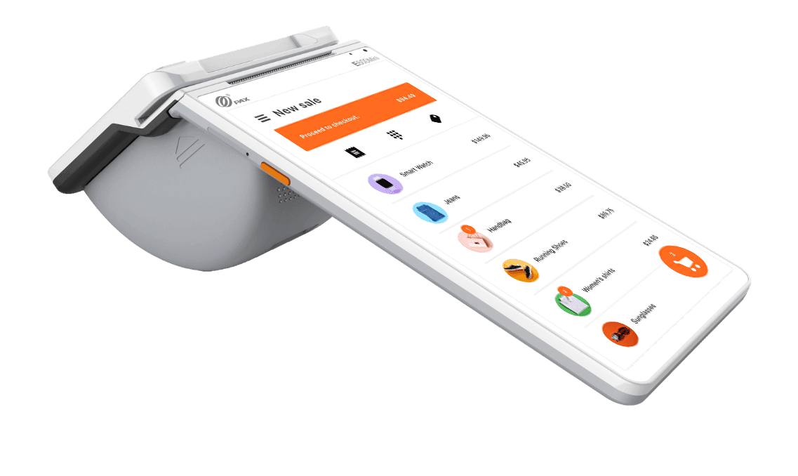 Digital point of sale terminal with touchscreen displaying product menu and sale options.