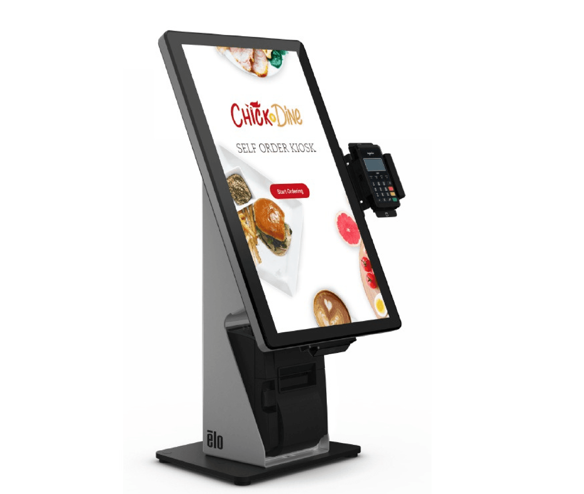 Touchscreen self-order kiosk displaying a food menu, with a payment terminal attached on the side.